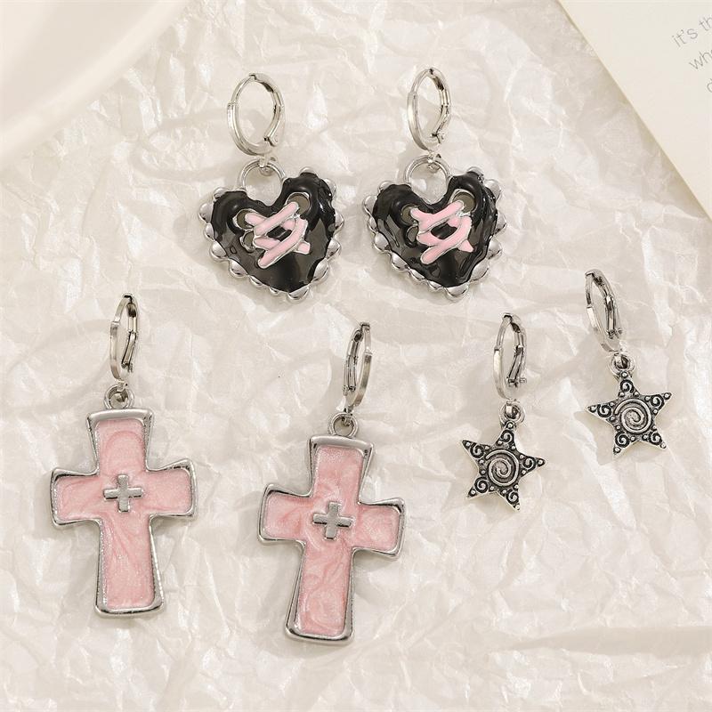 Goth Vintage Cute Bowknot Pink Strawberry Heart Star Pendant Earrings Egirl Gothic 2000s Y2K EMO Rave Zircon Scene Accessories