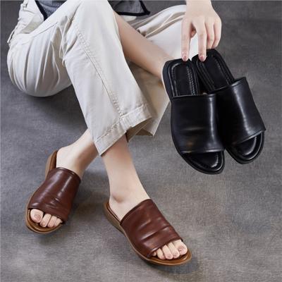 Retro Hausschuhe Echte Leder Weiche Sohle Offene Zehenpartie Flach Damen Slides