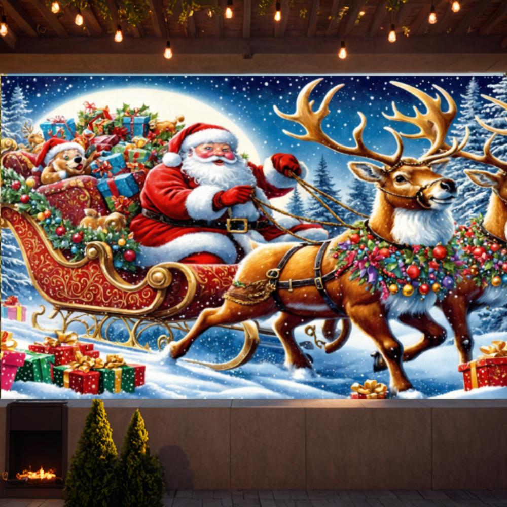Christmas Banner Santa Sleigh Deer Large Merry Christmas Banner Backdrop Hanging Banner for Indoor Outdoor Party Decorat