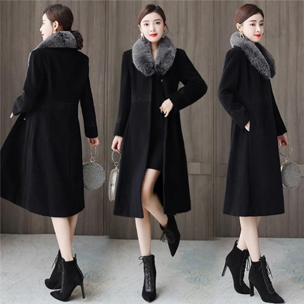 Big Fur Collor Women Woolen Coat Black Long Trench Coat Jacket Slim Wool Blend Coat Elegant Casual Jacket Vintage Gothic Jacket