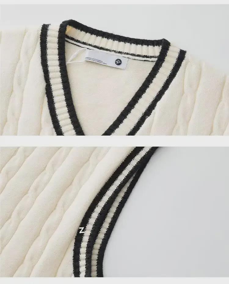 Pánský retro V-výstřih vysokoškolský styl copánkový vzor kontrastní bez rukávů svetr vesta na podzim a zimu