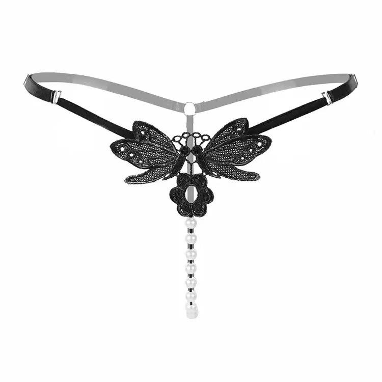 Perlenstickerei-Tanga – Hochwertige Hohl-T-Hose für Damen One Size (Adjustable Waist Straps) black