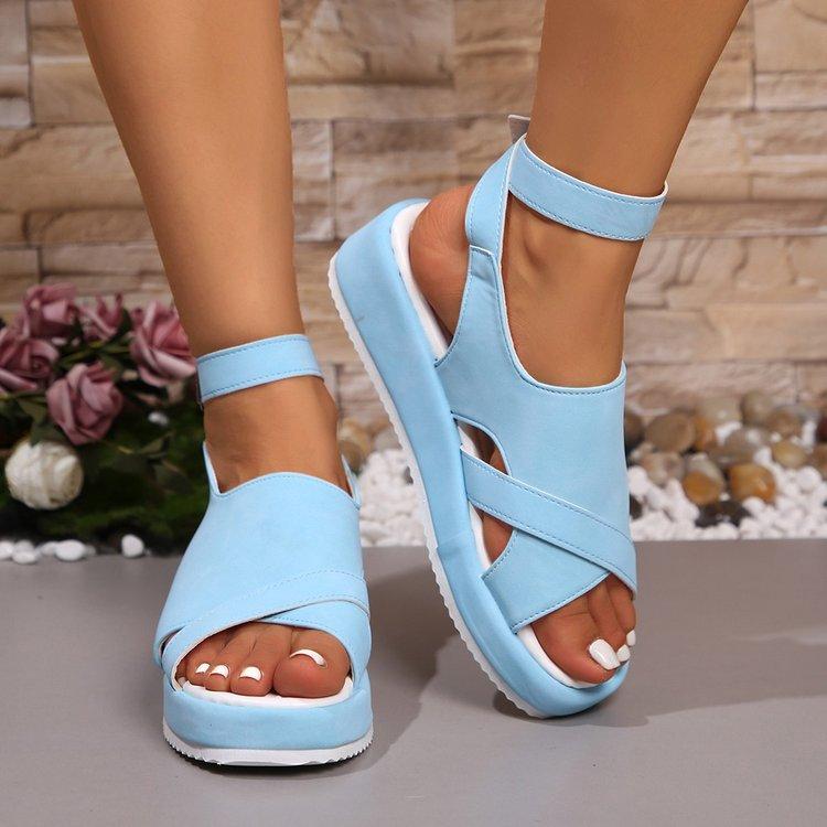 Large size one-word buckle with platform sandals, summer comfortable casual soft-soled fish mouth beach open-toed women's shoes