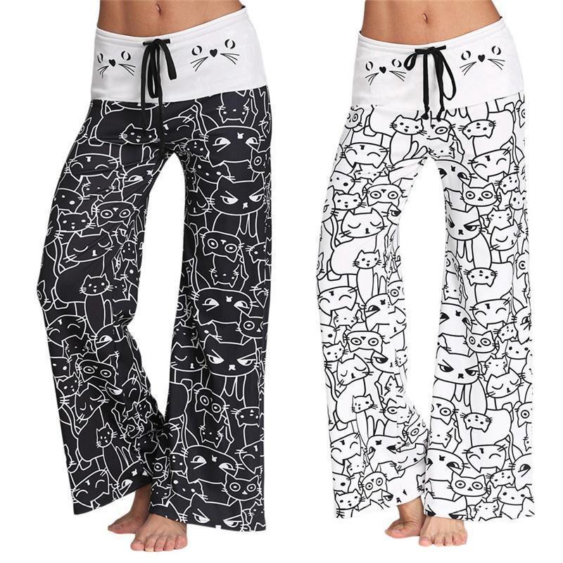 Pantaloni Casual Larghi da Donna alla Moda con Stampa di Gatti Cartoni Animati, Pantaloni Leggeri Estivi
