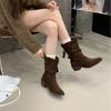 2025 Coarse Heel Vintage Bow Pointed Knight Boots Women's Pointed Tassel Versatile Frosted Suede Medium Boots