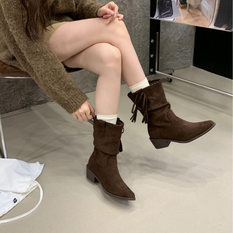 2025 Coarse Heel Vintage Bow Pointed Knight Boots Women's Pointed Tassel Versatile Frosted Suede Medium Boots