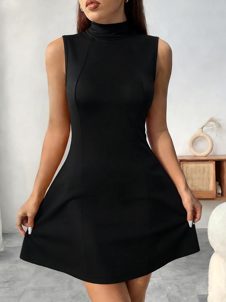 2026 European and American Style Sleeveless High Neck Slimming A-line Dress - Short, Fashionable, Versatile.