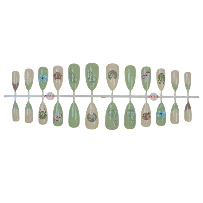 24Pcs Summer Green Lotus Almond Press On Nails Cute Frog French Tip Fake Nails With Glue Fresh Flower Manicure For Women
