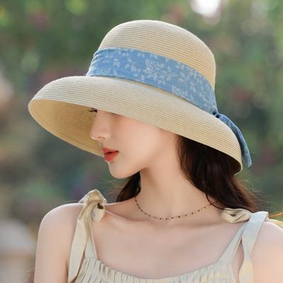 Elegantní slaměný klobouk s velkou krempou a mašlí Dámský ležérní dovolenkový kšilt Cestovní plážový klobouk typu bucket