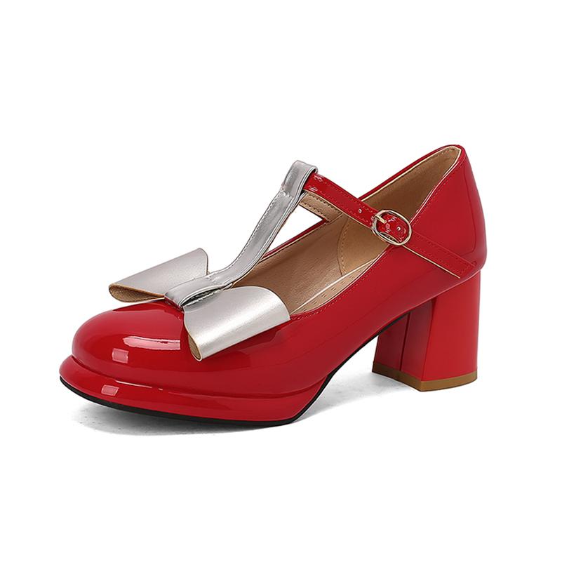 Meotina Women Mary Janes Pumps Round Toe Thick High Heels Buckle T-Tied Bow Ladies Fashion Shoes Spring Autumn Pink Black 46