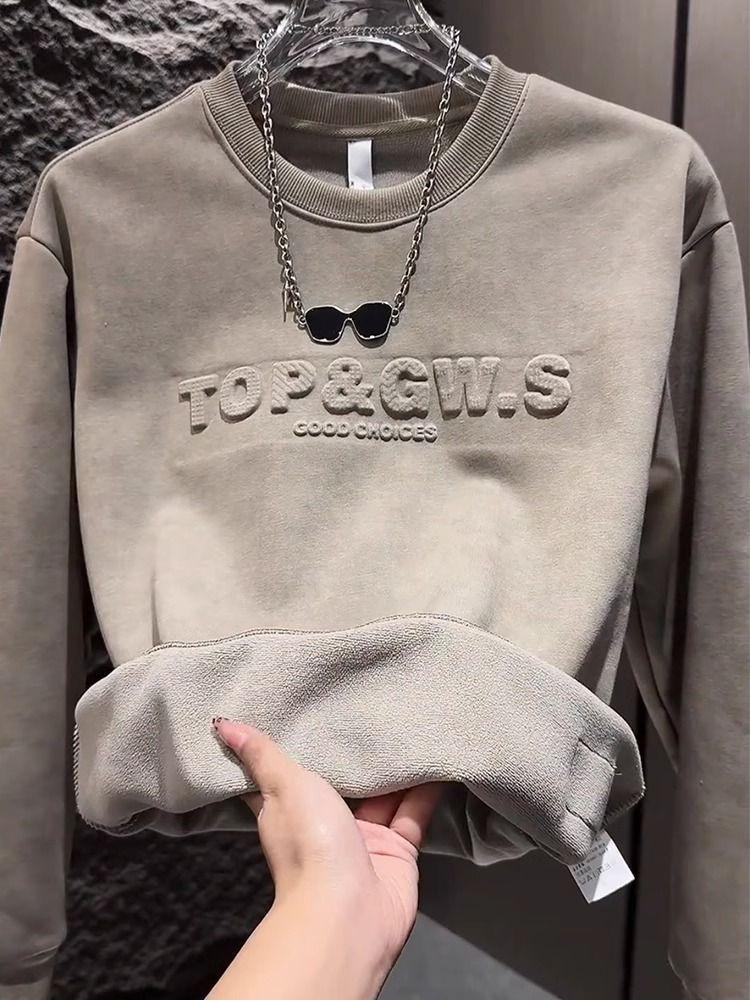 2025 Autumn/Winter Men's Fleece-Lined Pullover with Steel Stamped Lettering - Bleached Long Sleeve Casual Sweatshirt