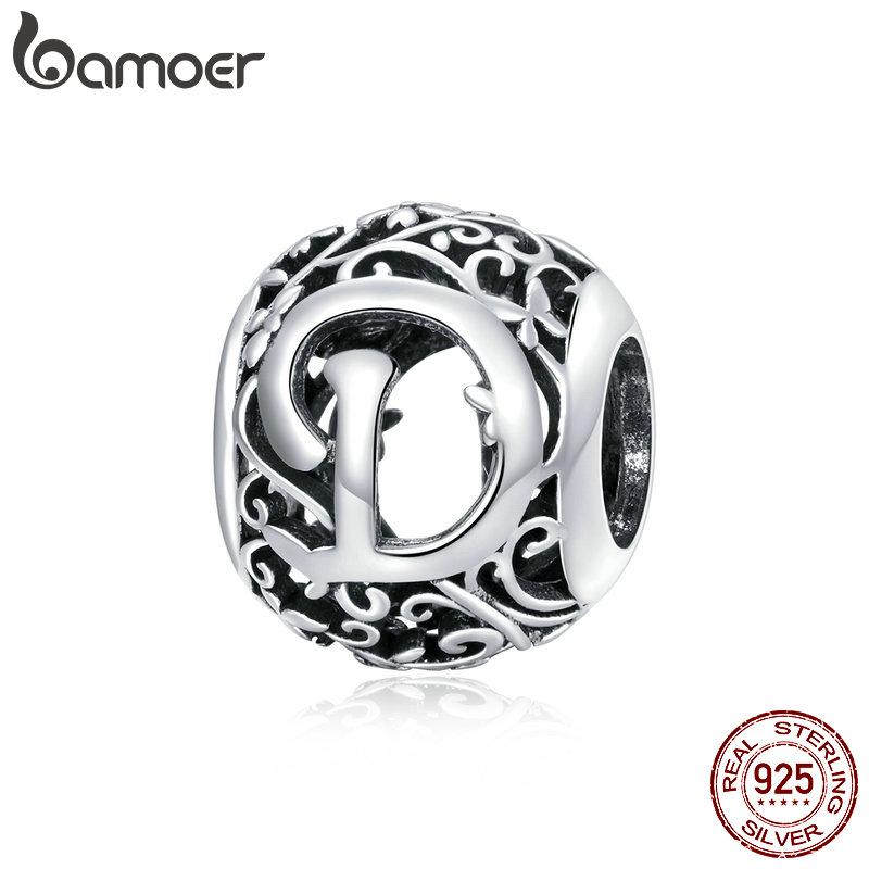 BAMOER 925 Silver Retro Letter Charms Hollowed Alphabet A-Z Round Beads for Women Bracelet DIY Jewelry Making