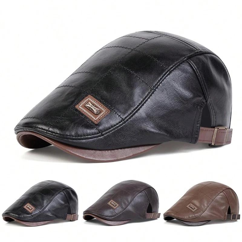 Yiran Bag Men's Retro Pu Leather Newsboy Caps Jamont Labeling British Painters Hats Spring Autumn Side Adjustable Flat Cap Hip Hop Berets