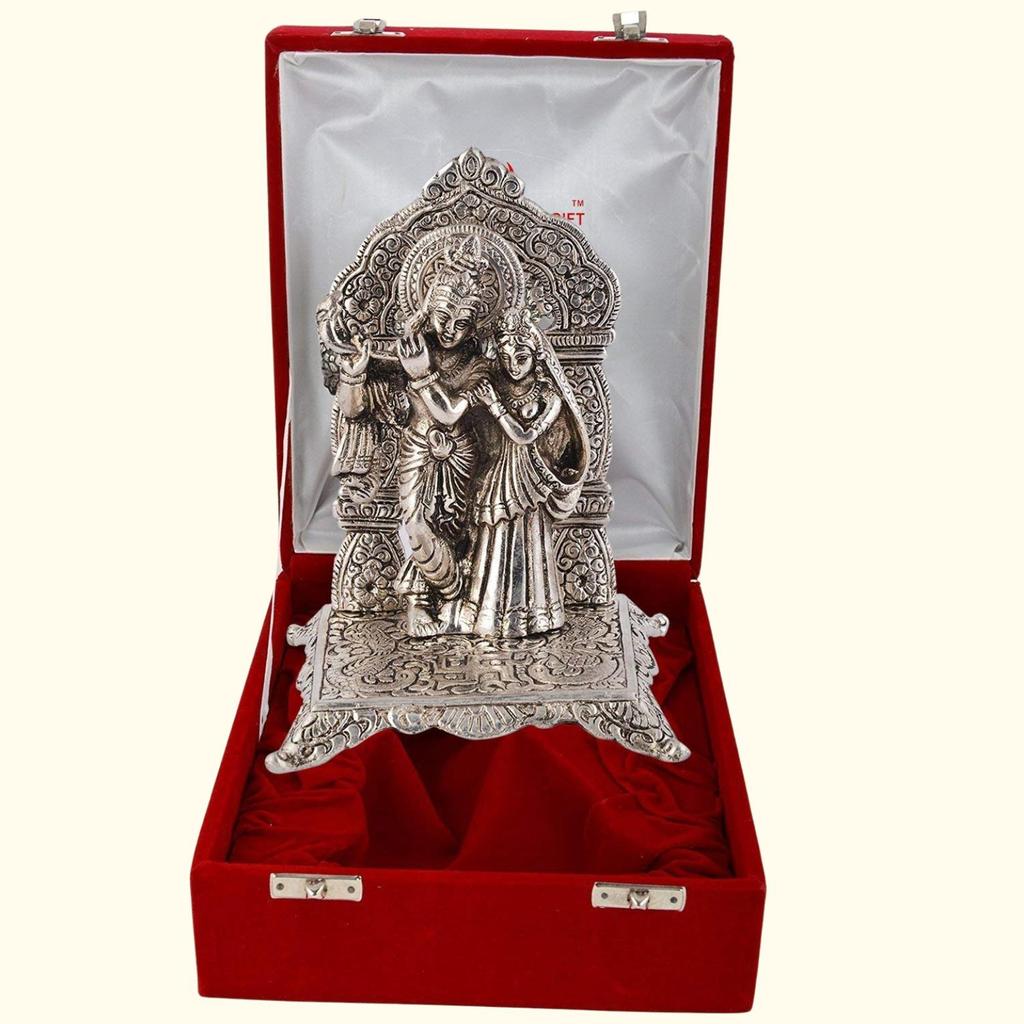 Silver Plated Radha Krishna Ji Chowki God Statue, Beautiful Velvet Box, Brass