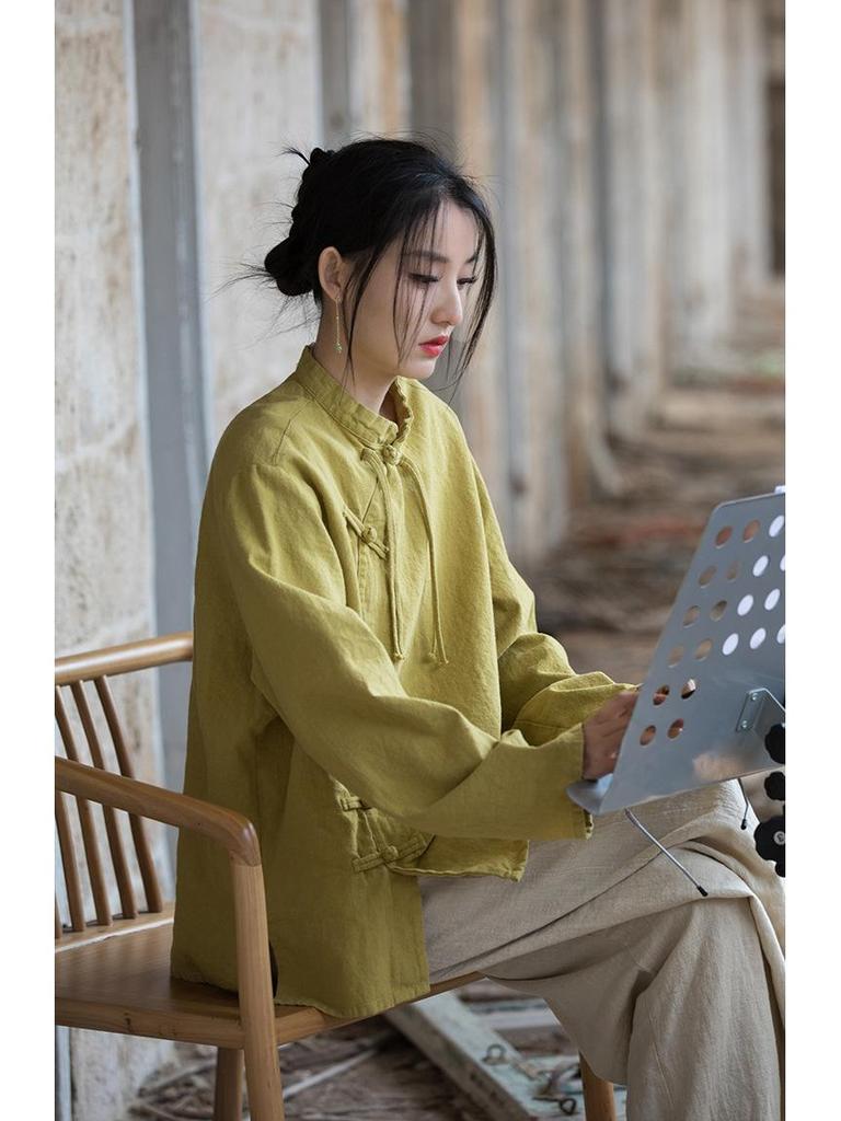 Spring Style Women's Ramie Cotton Long Sleeve Top with Handmade Frog Buttons