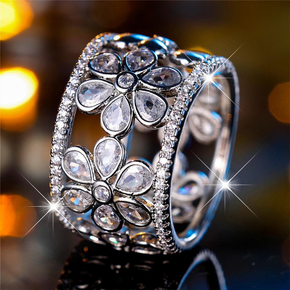

Luxury Female White Zircon Stone Finger Flower Engagement Ring Vintage Silver Color Wedding Band Bridal Jewelry For Women 8 білий