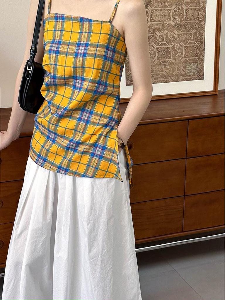 2024 Summer Orange Retro Color Block Plaid Irregular Camisole Sleeveless Top