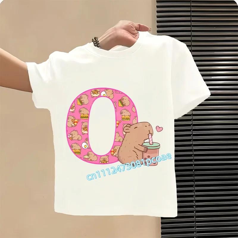 Capibara Cute T-shirt Kids Anime Capybara Letter A-Z Tees Girls Summer Short Sleeve Polyester Tops Children Clothes Gift Hot Sales