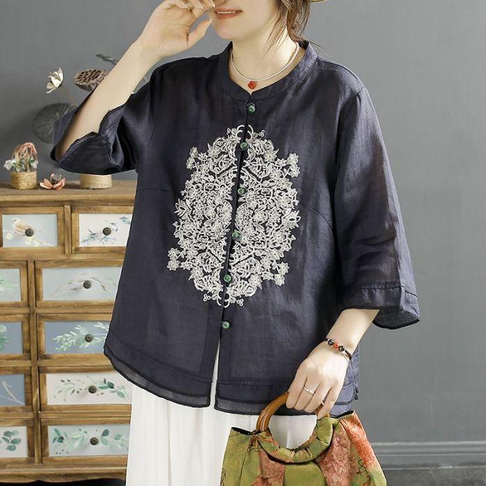 New half-sleeved shirt top heavy industry embroidery chic short-sleeved cardigan stand-up collar ethnic style