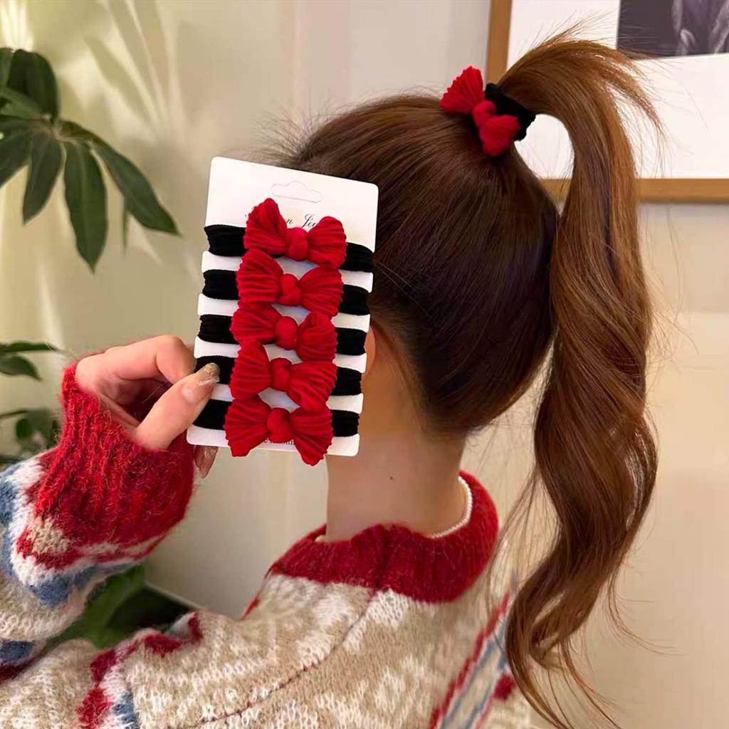 Korean Red Sweet Bowknot Hair Bands for Girls Scrunchies Simple Black Elastic Hair Ties Ropes Ponytail Holder Fashion Headwear