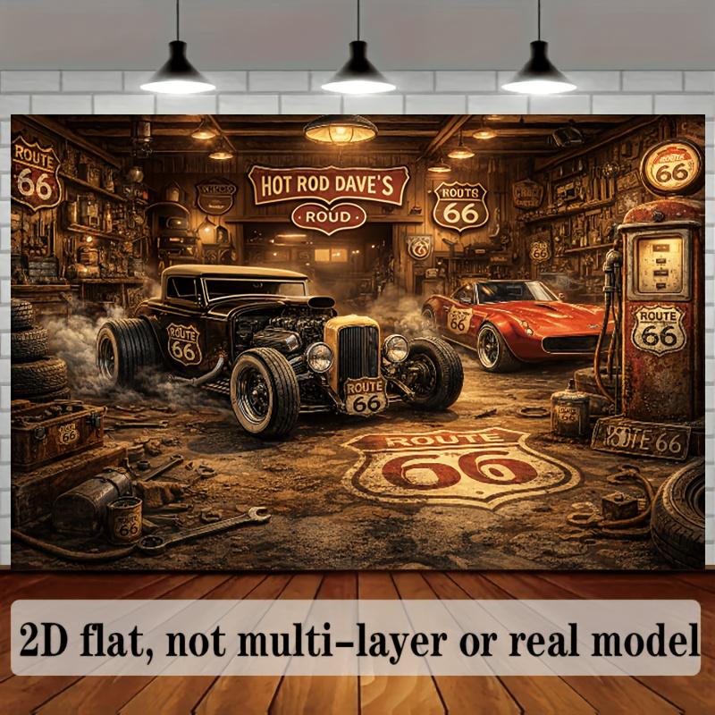 2D Flat Banner - Industrial Style - 66th Highway Background Fabric - Retro Garage Theme