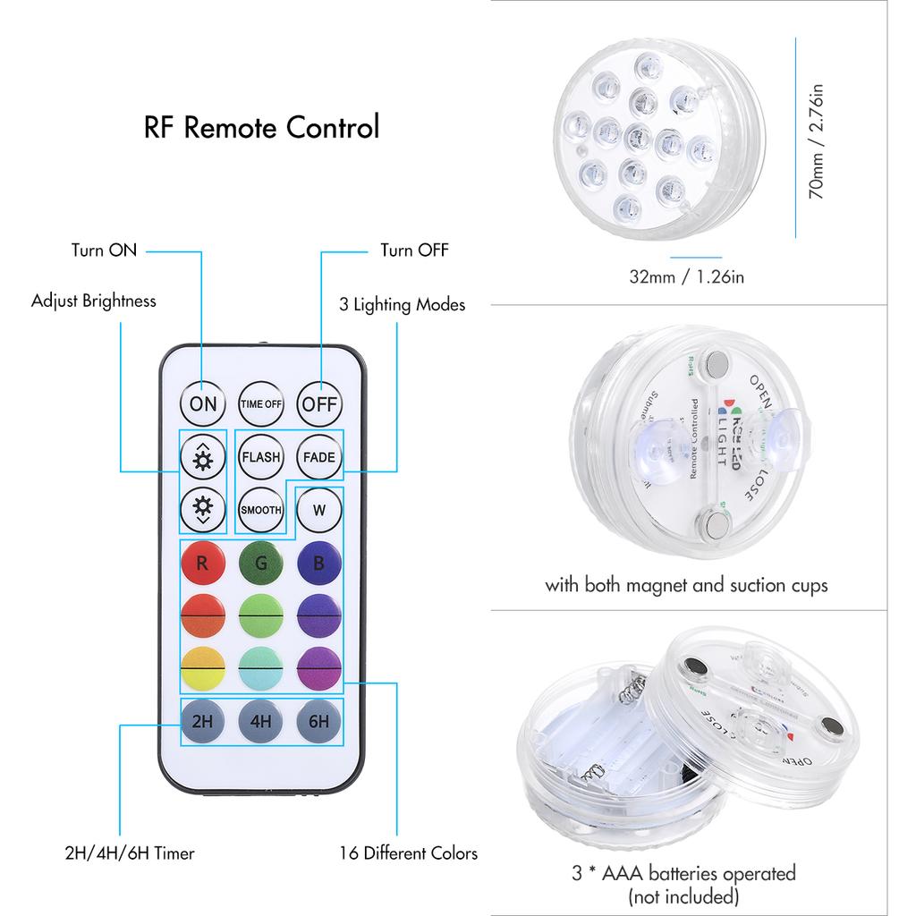 RGBW 13LEDs Submersible Light Battery Operated with 2 RF Remote Control Magnet Suction Cups IP68 Waterproof Underwater