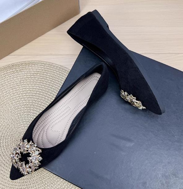 Women Luxury Pearl Crystal Buckle Flock Flats Pointed Toe Dough Shoes Spongy Insole For Tender Feet Comfortable Walking Slip-On