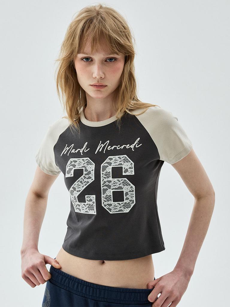 [mardimercredi] Cropped T-Shirt Raglan No.26 Lace Charcoal Beige