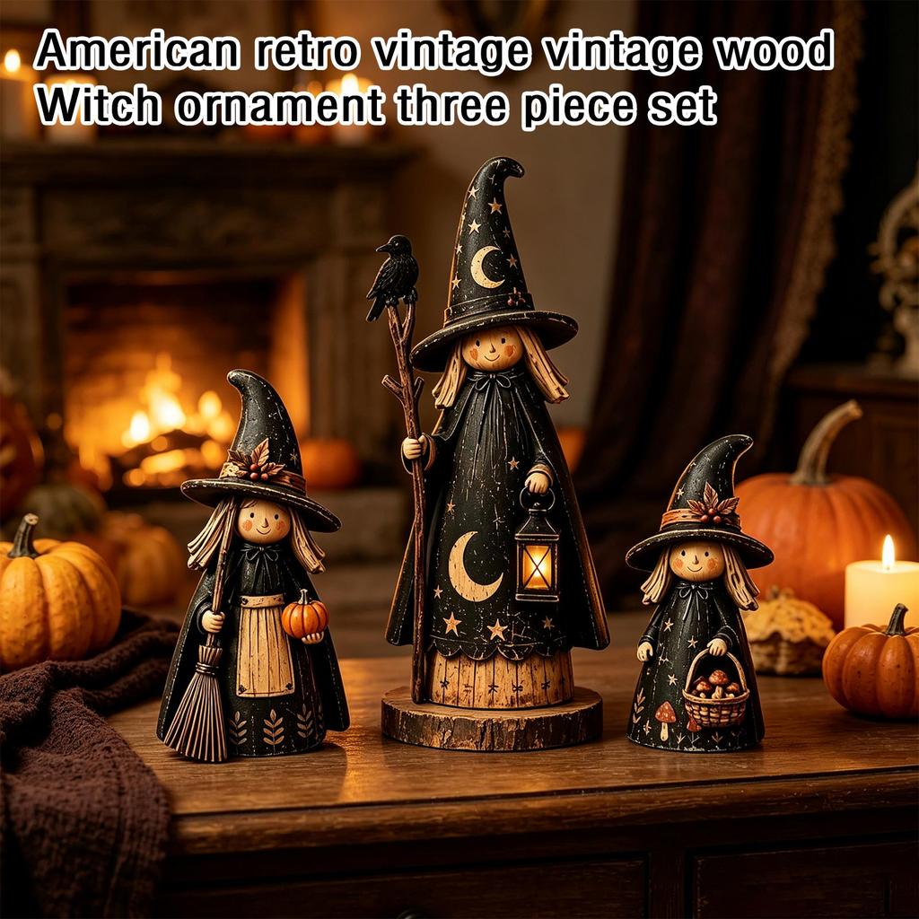 Wooden Witch Figurines Set of 3 - Vintage Halloween Tabletop Decorations with Distressed