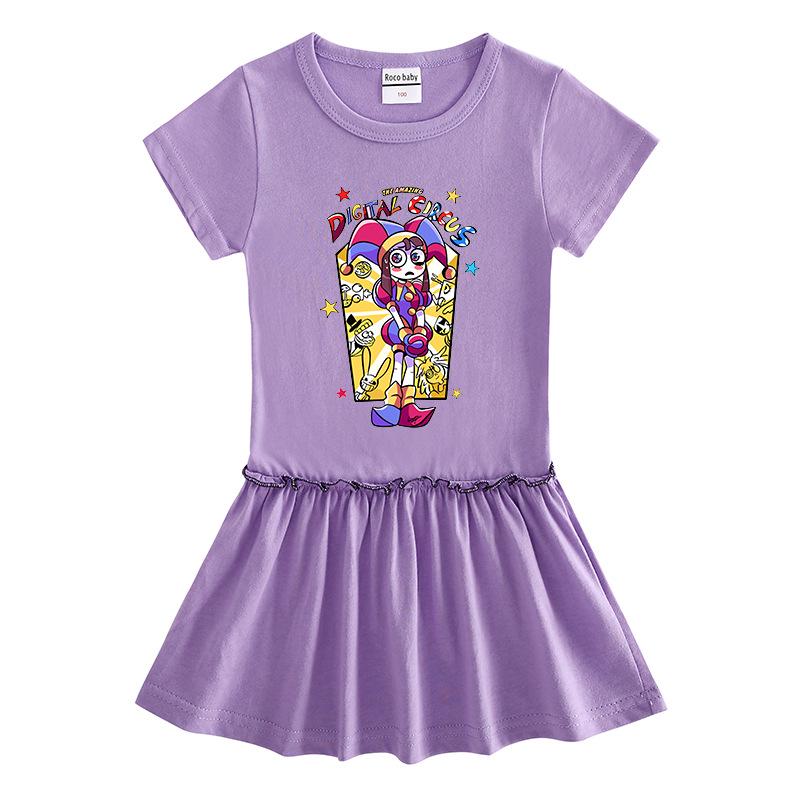 2026 Summer Korean Style Cartoon Short Sleeve Girls' Dress with Color Block and Pleated Skirt