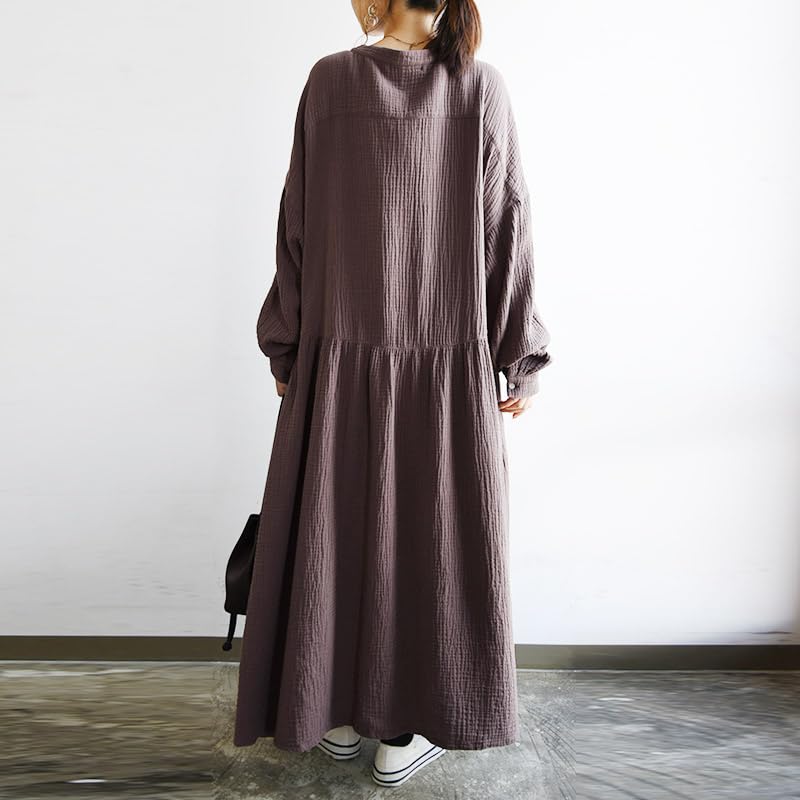 Andit Flared Double Gauze Keyhole Long Length Women's Button-Front Dress, 100% Cotton, Neck, Flattering, Sleeves, Medium, Navy/Regular