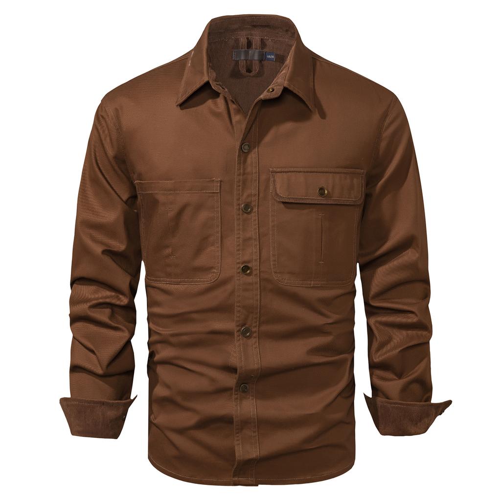 Men's Washed Cotton Casual Shirt Solid Color Lapel Long Sleeve Cargo Shirt for Men