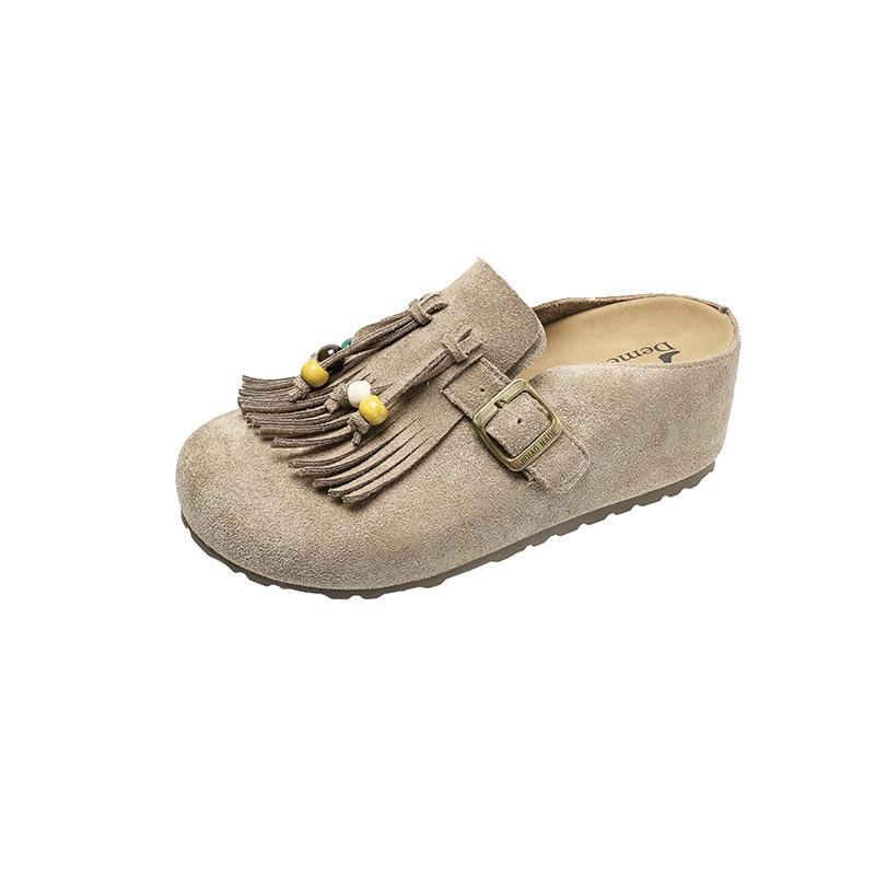 2025 autumn new tassel beaded matte leather flat-bottomed slippers women's casual shoes belt buckle inner heightening bag head drag