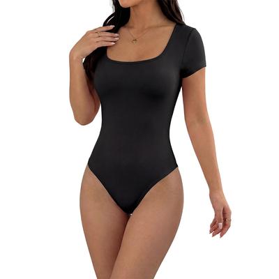 Women's Square Neck Short Sleeve Slim Fit Solid Color Bodysuit High Waist Stretchy Shapewear Jumpsuit For Daily Club Wear