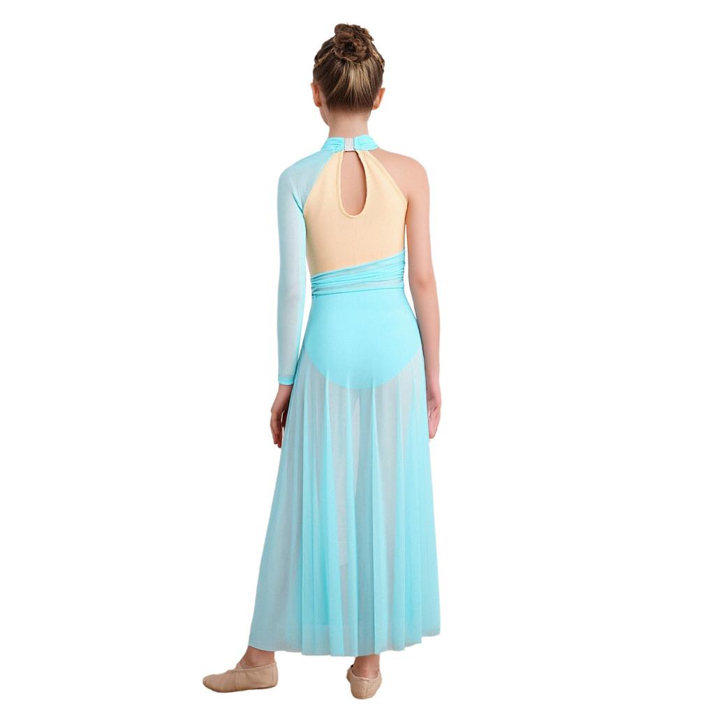 Sukienka do występu tanecznego lirycznego dla dziewczynek: Elegancka aplikacja z tyłem na klucz, rozcięciem z boku i asymetrycznym marszczonym designem z siateczki