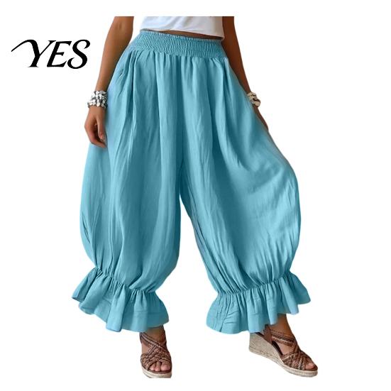 Commuting Pants Women Bloomers, High Elastic Waistband Wide Leg Trousers, Bohemian Ruffled Adjustable Waist Balloon Cuffs Super Loose Harem for Casual