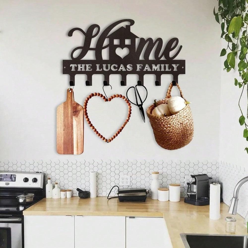 Custom Metal Wall Mounted Key Holder with Name Engraving, Home Sweet Home Sign, Coat Hook, Housewarming Gift
