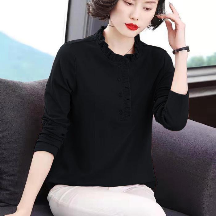 Long-sleeved Top Warm Season and Autumnal T-shirt for Women's Fungus Collar Middle-aged Mother Loose Large-size Stand Collar New Fashionable Base