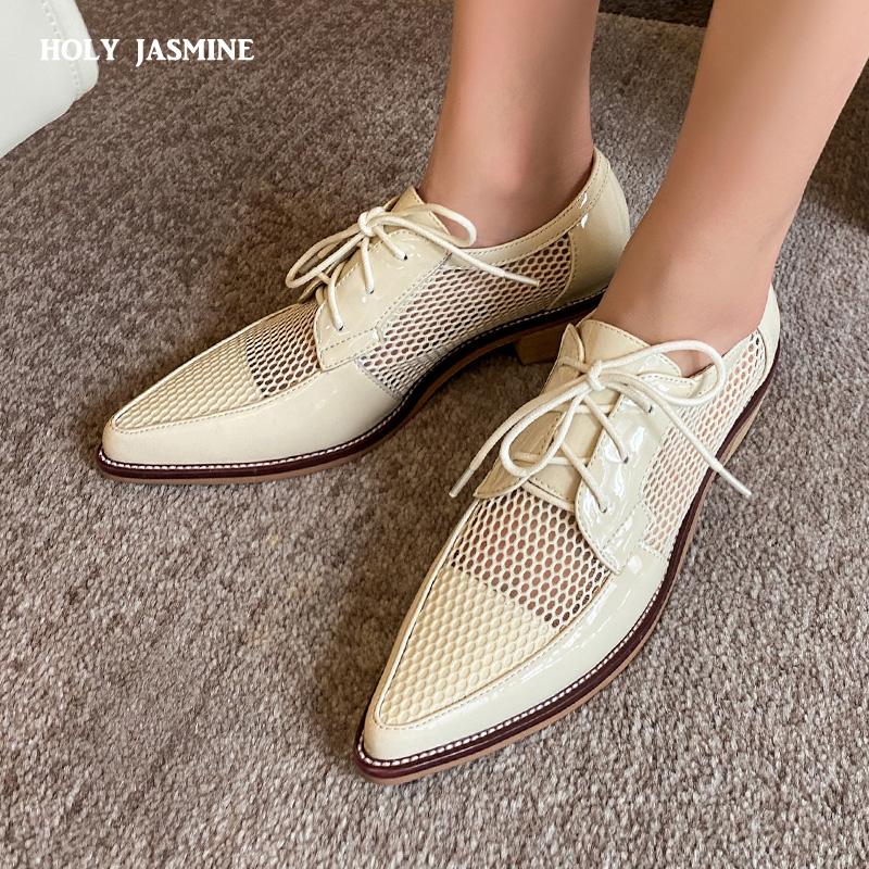 Fashion 2025 Spring Net Cloth Oxfords Women Shoes Lace-Up Ladies Brogue Flat Derby Shoes Pointed Toe Lace-up Heels Women Shoes for Women