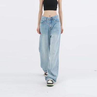 Light Blue Straight Jeans Women Summer Design Washed Joker Loose Wide-leg Mop Pants