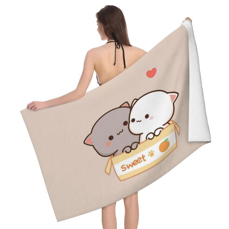 Cute Peach And Goma Microfiber Bath Towel Cartoon Mochi Cat Super Absorbent Beach Towel for Travel Swimming Gym Outdoor Sports