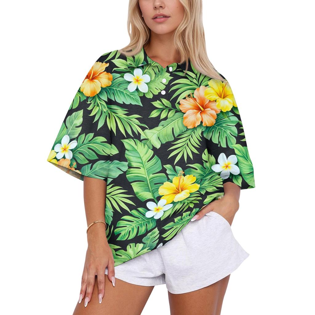 Women Loose Fit Polo Collar Shirt Casual Short Sleeve Top Soft Fabric Printed Blouse Relaxed Fit for Daily Wear Office School Travel