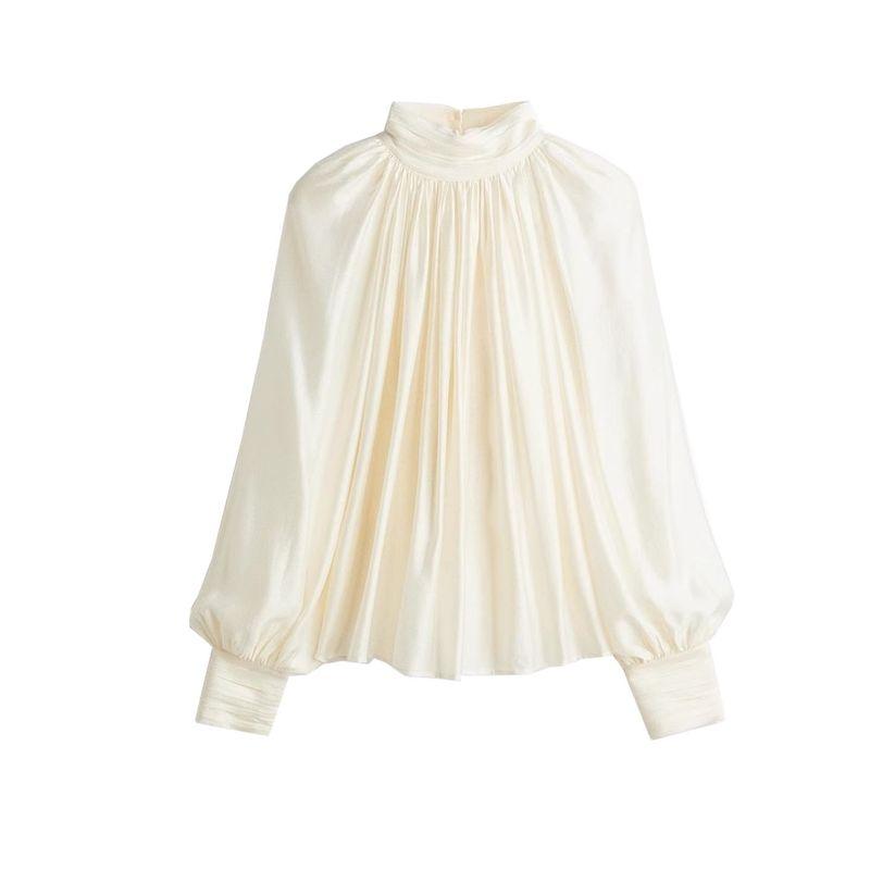 New Fall Women's Clothing French Style Design Stand Collar Raglan Lantern Long Sleeve Draped Tops 1297202