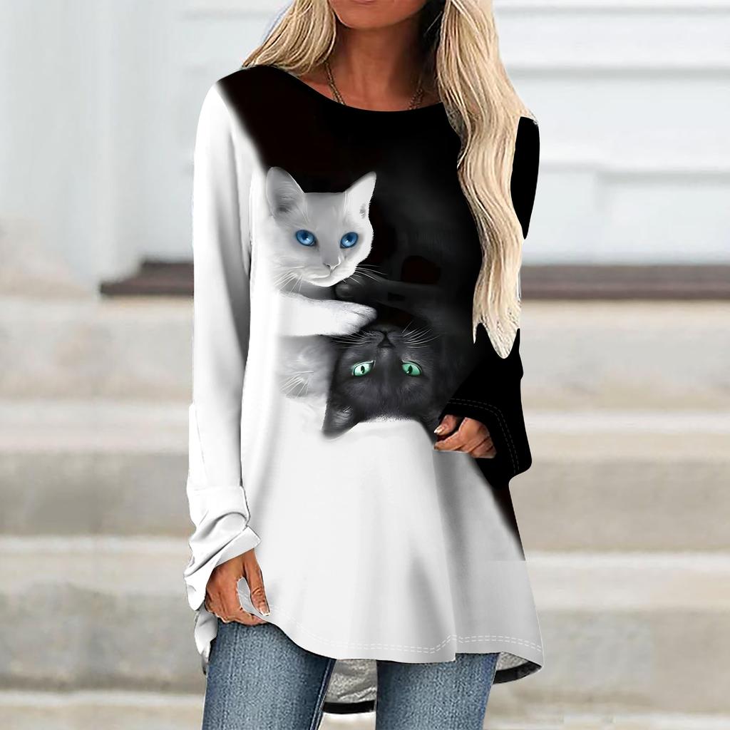 Plus Size Women Spring Halloween Printed Comfy Long Sleeve Round Collar T-shirt Casual Baggy Mid Length Tee Tops