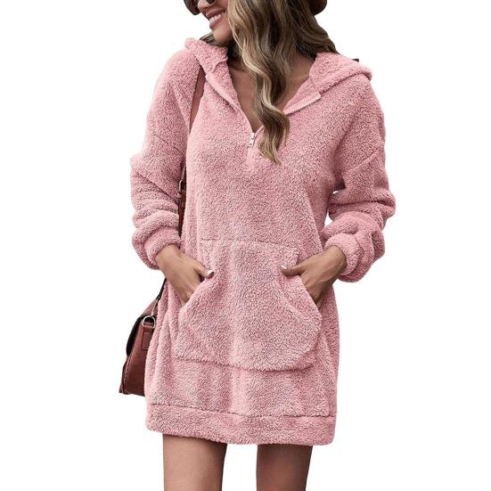 Frauen Hoodie Kleid mit Großen Tasche Mit Kapuze Lange Ärmeln Dicken Plüsch 2XL rosa