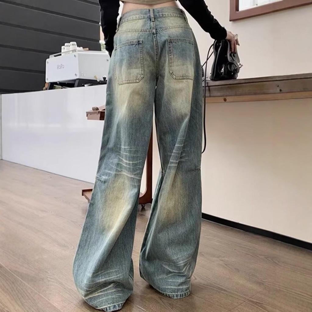 Women's Retro Distressed Wide Leg Jeans - Early Autumn High Street Style, Water Washed, Loose Fit, Slimming Straight Leg