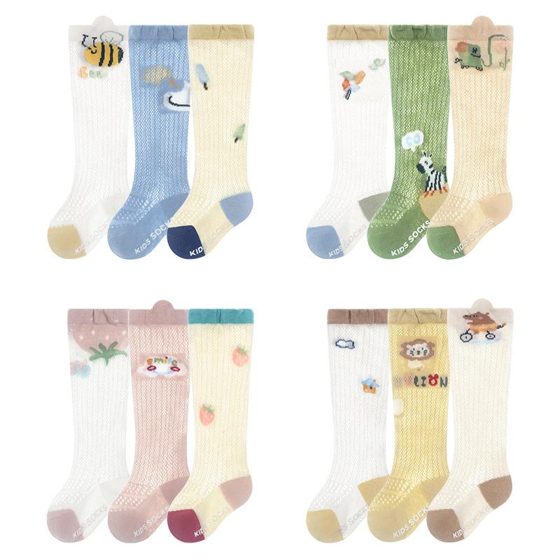 3 Pairs Baby Knee High Anti Mosquito Socks, Cartoon Infant Long Socks Anti Slip Breathable Toddler Socks for 0-3 Years Spring Summer Autumn