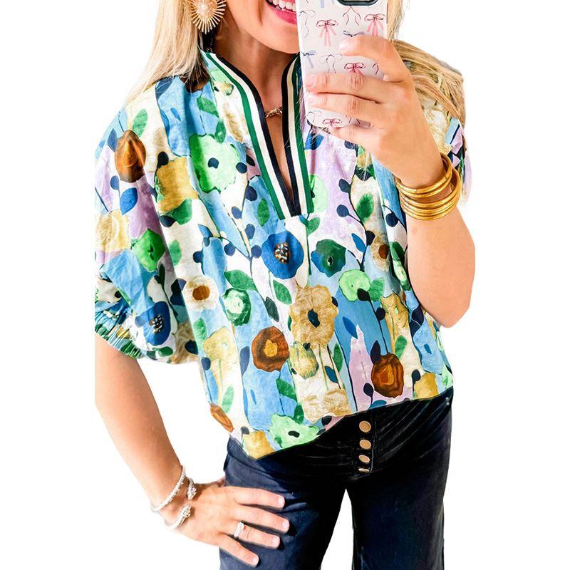 

2025 Лето Новая Пуловер V-образный вырез Короткий рукав Топ Женский Европейский и Американский Стиль Нишевый Принт Повседневные Дышащие Рубашки-пуловеры Light blue P4 Size S fit (45.00 kg-55.00 kg