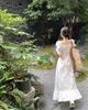White Ballet-Style Square Neck Dress with Tie-Up, Puff and Long Sleeves, Ruffles, Women's Summer Skirt