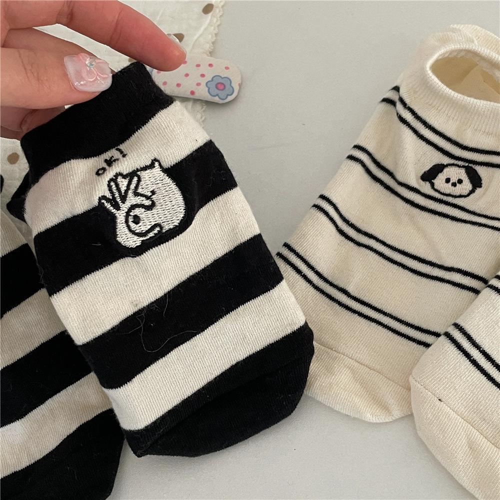Ladies Summer Preppy Casual Puppy Embroidered Breathable Short Boat Socks